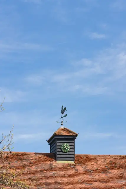Weather vane with a rooster on top of a chimney and clock on tiled roof beneath clear blue sky