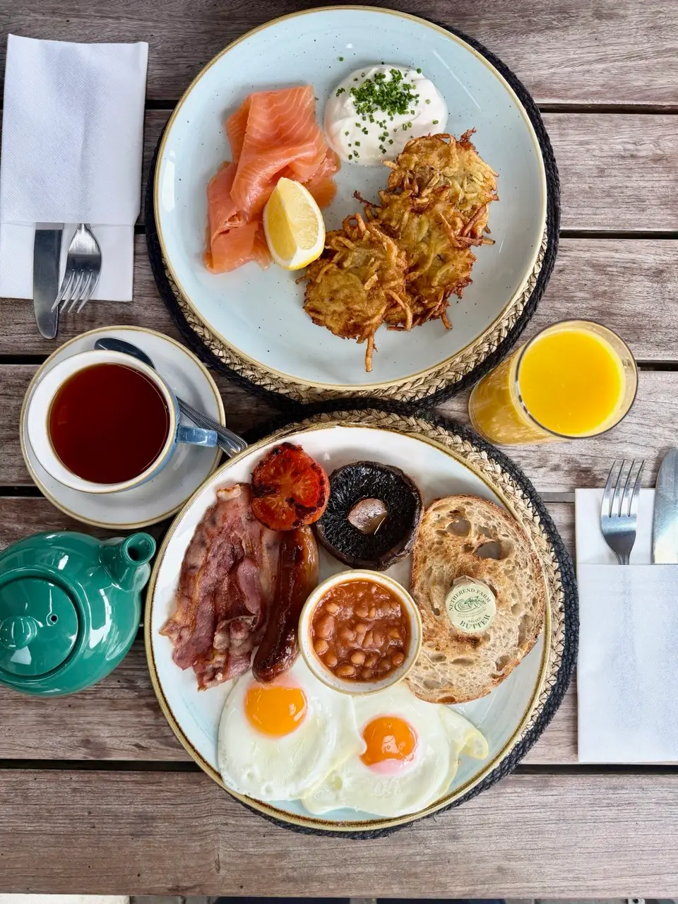 Two plates of breakfast with eggs, sausage, bacon, beans, smoked salmon, hash browns, toast, tea, and orange juice on wooden table