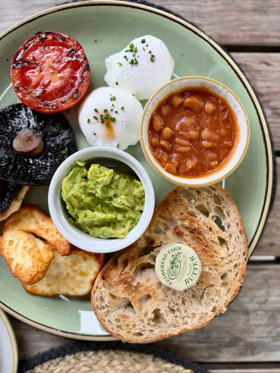 Breakfast plate with poached eggs, grilled tomato, mushroom, beans, avocado, halloumi, and toast with butter
