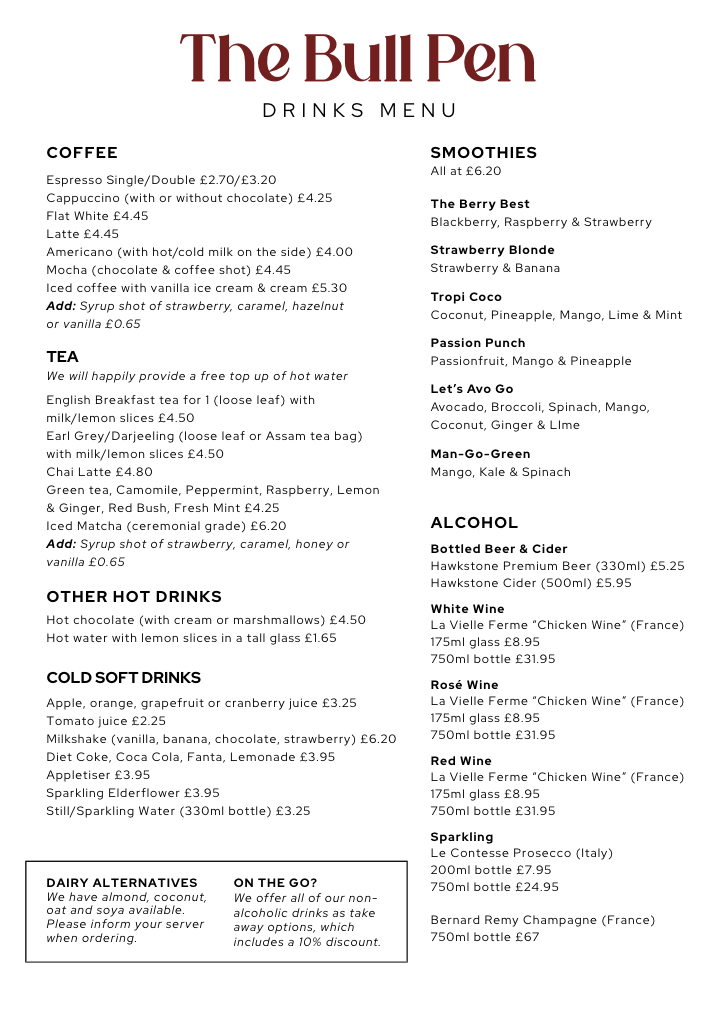 The Bull Pen Farm Kitchen Radlett drinks menu featuring coffee, tea, smoothies, alcohol, and cold soft drinks.