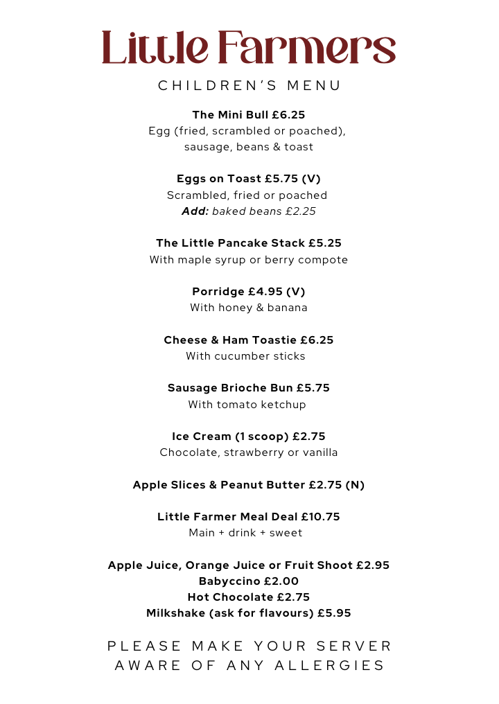 Children’s menu with breakfast, lunch, snacks, and drinks options at The Bull Pen Farm Kitchen Radlett