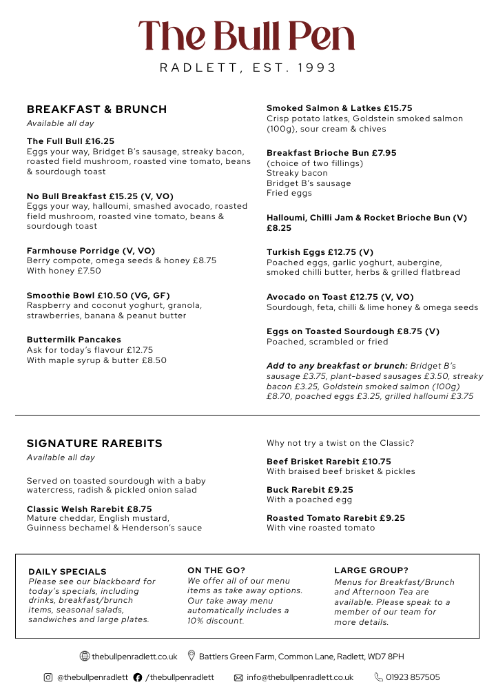 The Bull Pen Farm Kitchen Radlett menu featuring breakfast, brunch, rarebits, and takeaway options